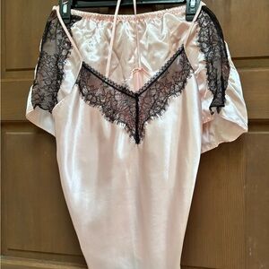 Elegant Pink Lace Trim Satin Nightgown